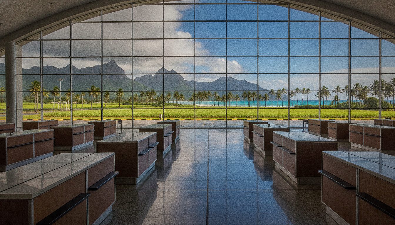 Abflughalle mit Check-in-Schaltern am Flughafen Mauritius