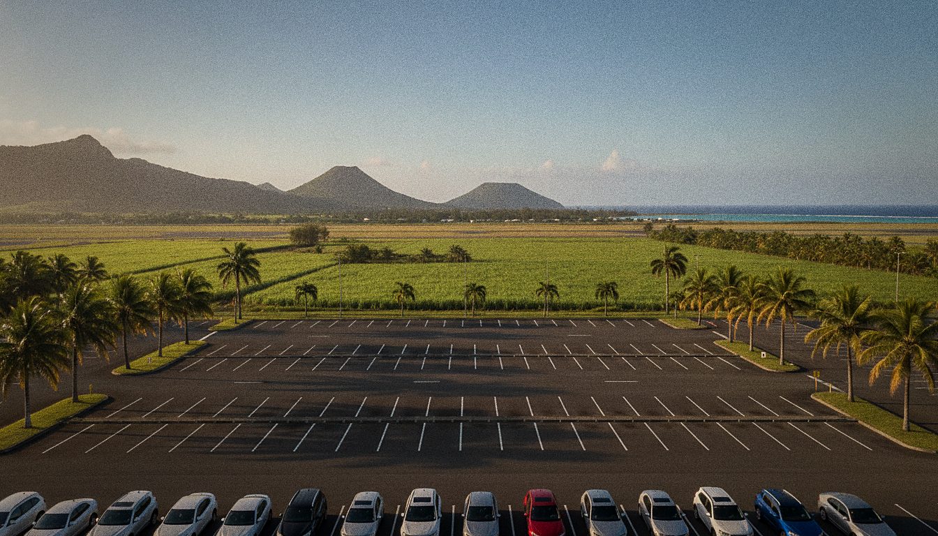 Parkplatz vor dem Terminal des Flughafens Mauritius
