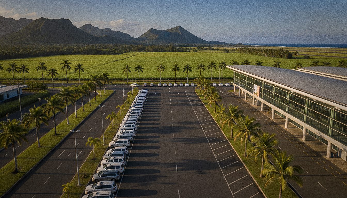 Taxistand vor dem Terminal des Flughafens Mauritius
