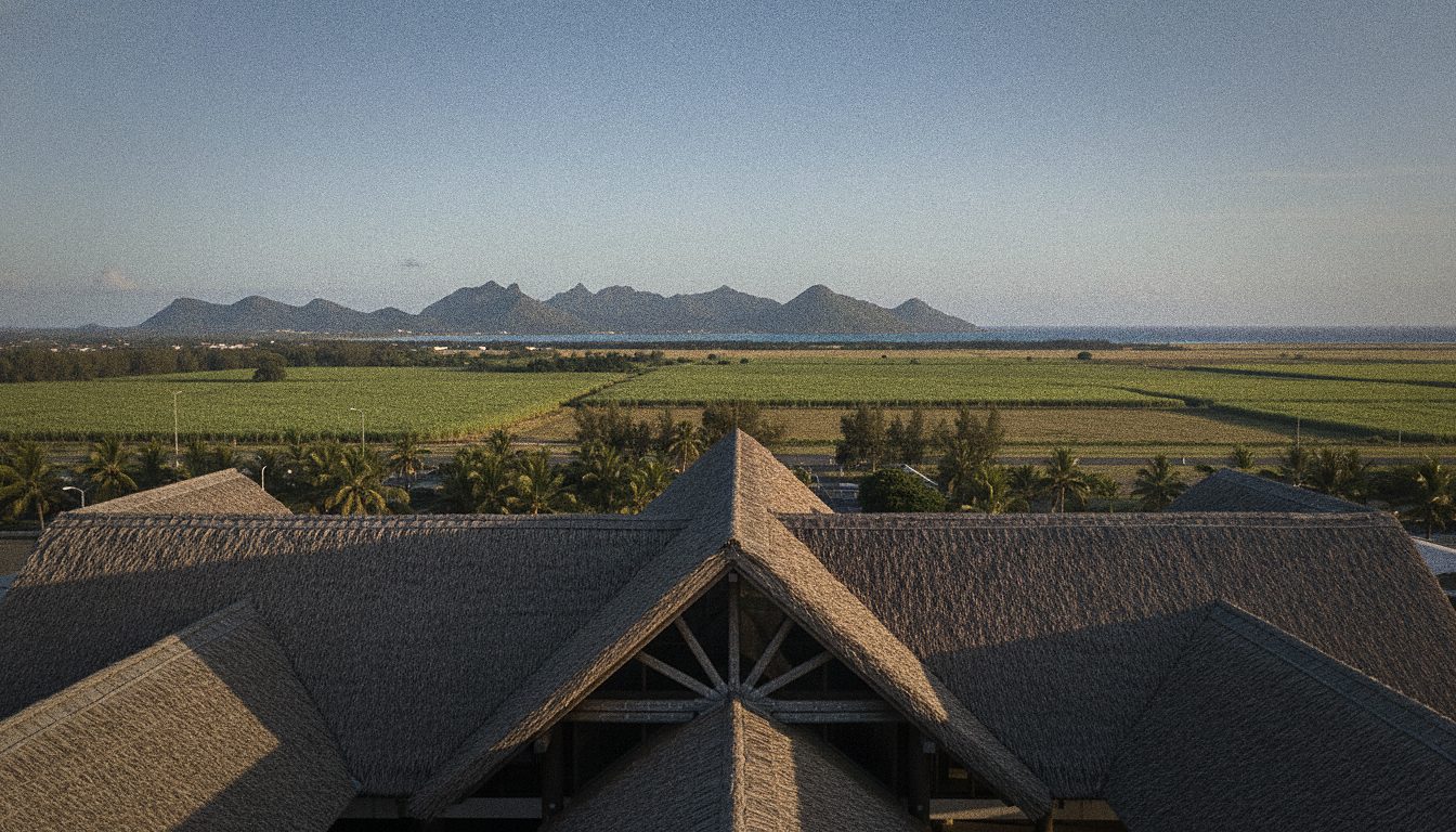 Terminalfassade des Flughafens Mauritius mit Palmendach am Tag